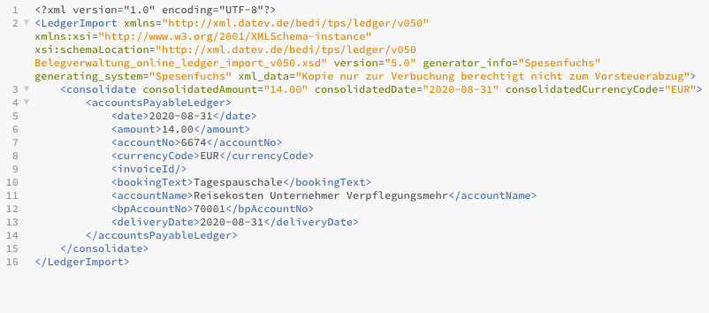 Abb. 7: XML Datei für die Reise mit ihren Verpflegungsmehraufwendungen