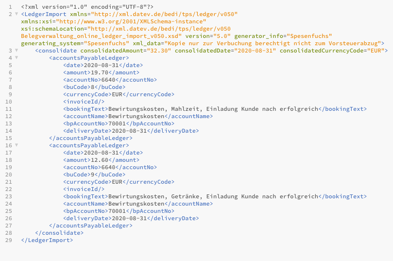 Abb. 8: XML Datei für den Bewirtungsbeleg