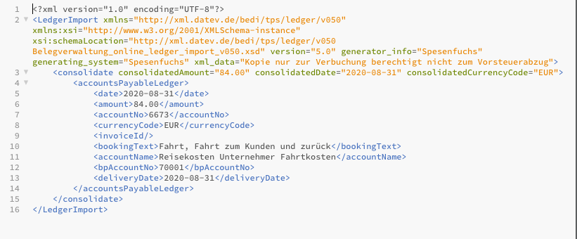 Abb. 9: XML Datei für die Fahrt